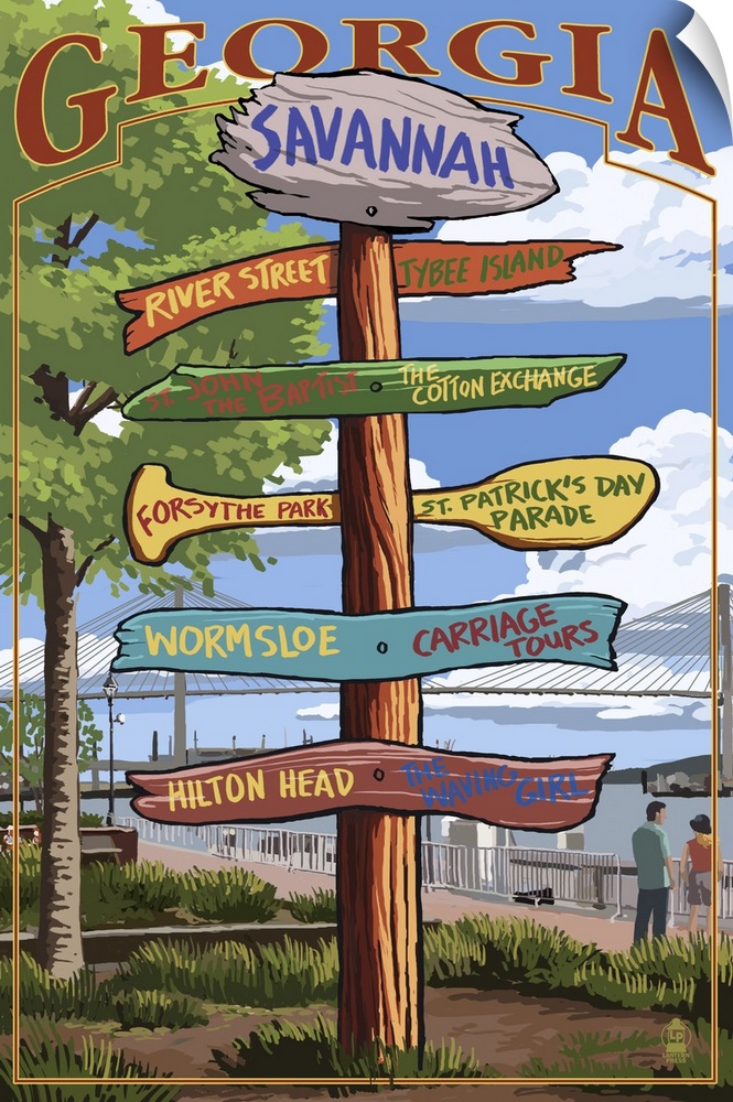 Retro stylized art poster of signpost giving different directions.