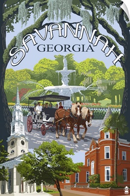 Savannah, Georgia Town Views: Retro Travel Poster