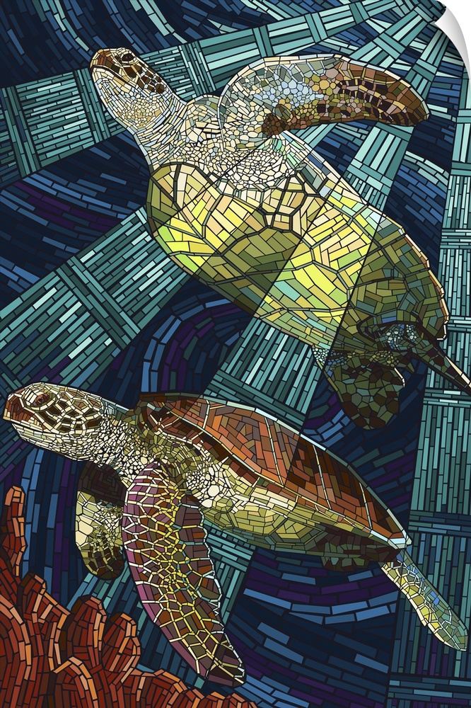 Sea Turtle - Paper Mosaic: Retro Travel Poster