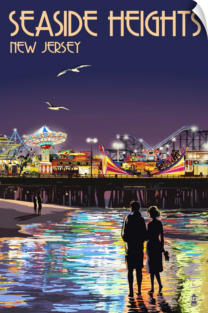 Seaside Heights, New Jersey - Pier at Night: Retro Travel Poster