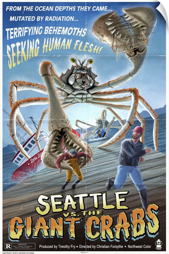 Retro stylized art poster of a giant monster crustacean attacking two fisherman on a dock.