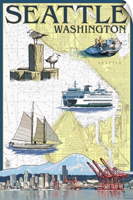 Seattle, Washington - Nautical Chart: Retro Travel Poster
