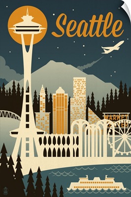Seattle, Washington - Retro Skyline: Retro Travel Poster
