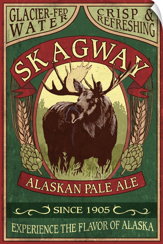 Retro stylized art poster of a vintage sign using a moose in the center of the image advertising beer.