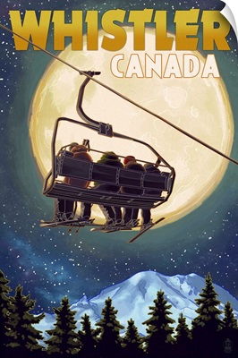 Ski Lift and Full Moon - Whistler, Canada: Retro Travel Poster