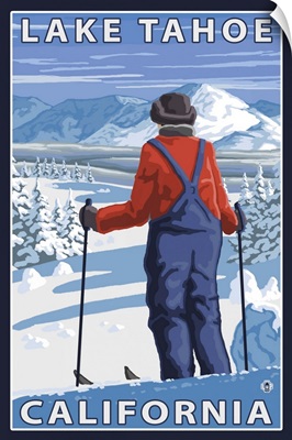 Skier Admiring - Lake Tahoe, California: Retro Travel Poster