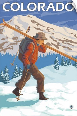 Skier Carrying Skis - Colorado: Retro Travel Poster