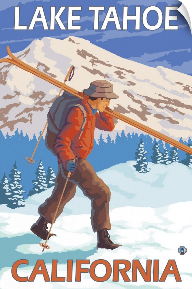 Skier Carrying Snow Skis - Lake Tahoe, California: Retro Travel Poster