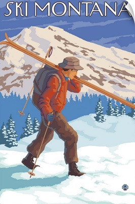 Skier Carrying Snow Skis - Montana: Retro Travel Poster