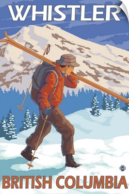Skier Carrying Snow Skis - Whistler, BC Canada: Retro Travel Poster