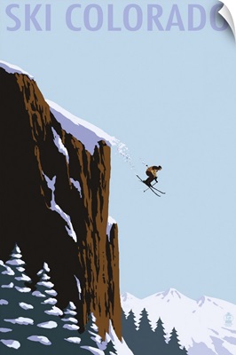 Skier Jumping - Colorado: Retro Travel Poster
