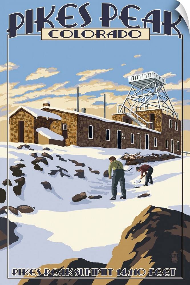 Snow Scene atop Pikes Peak, Colorado: Retro Travel Poster
