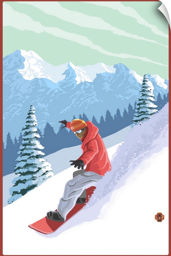 Retro stylized art poster of a snowboarder, with a mountain range in the background.