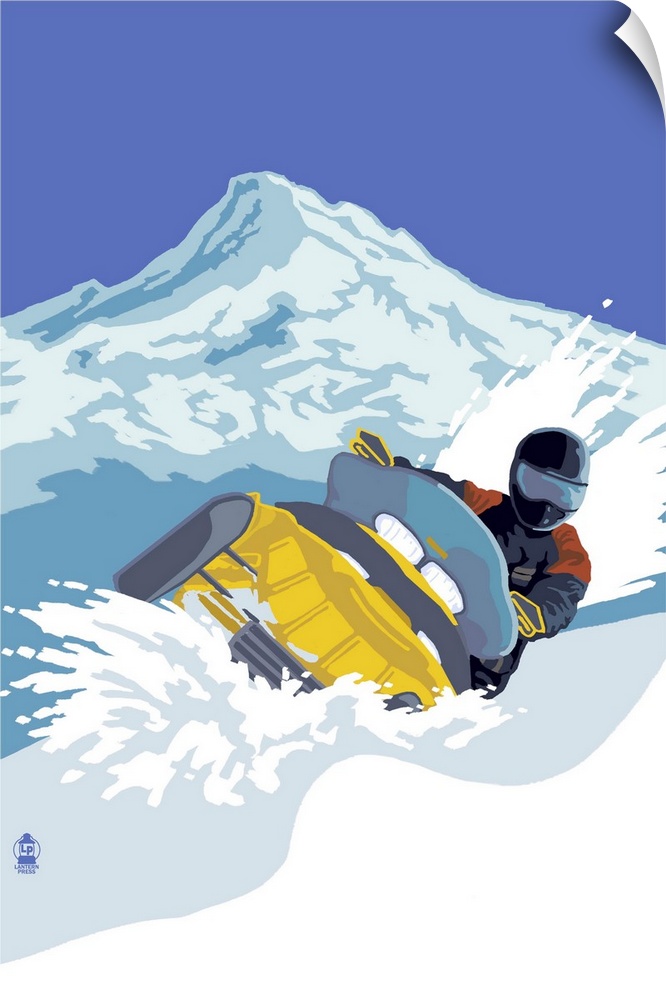 Retro stylized art poster of a person on a snowmobile, kicking up fresh snow.