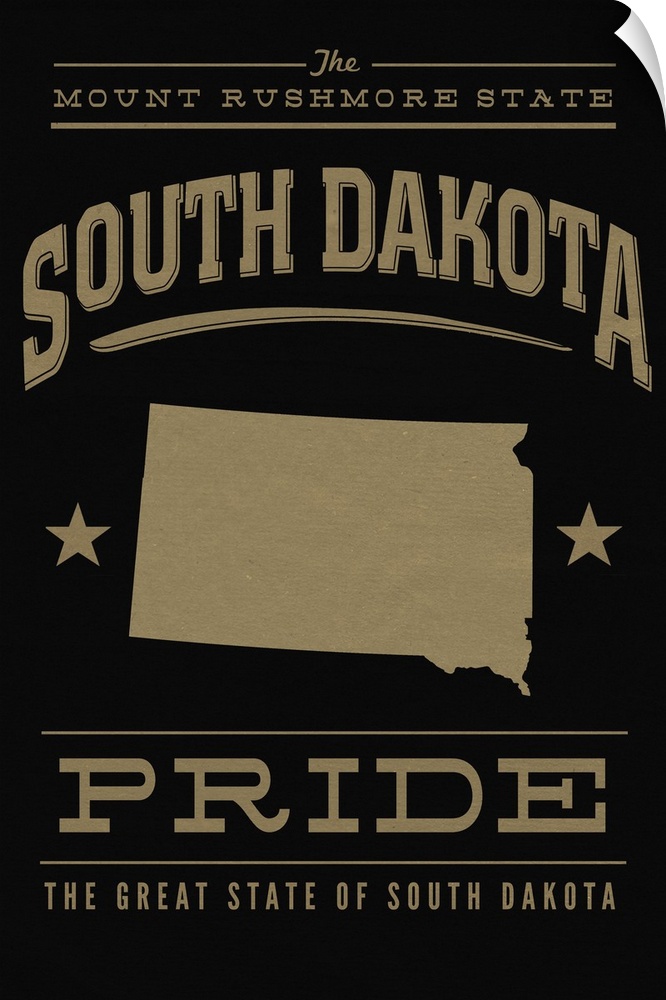 The South Dakota state outline on black with gold text.