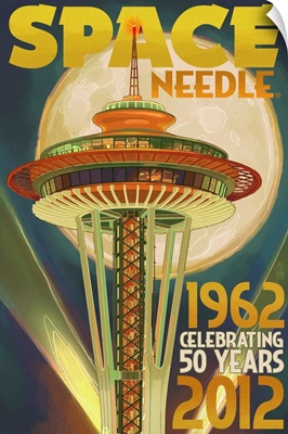 Space Needle and Full Moon - Seattle, WA: Retro Travel Poster