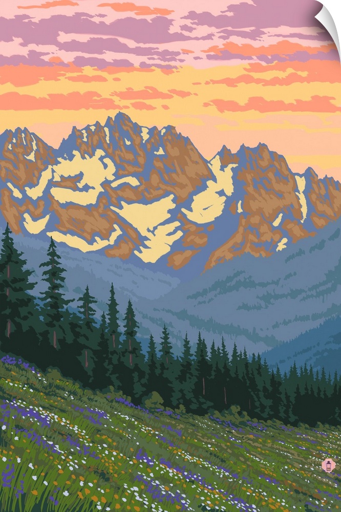Retro stylized art poster of a mountain range with spring flowers in the foreground.