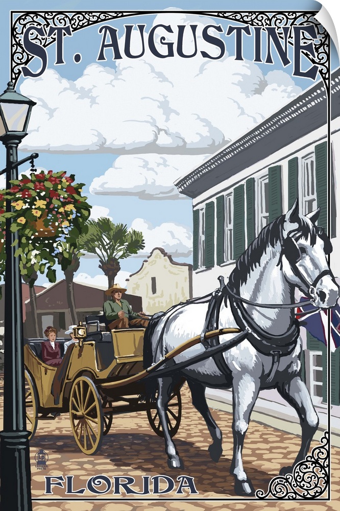 Retro stylized art poster of a white horse horse pulling a carriage.