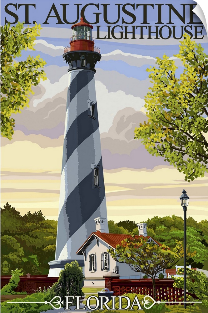 Retro stylized art poster of a striped lighthouse.