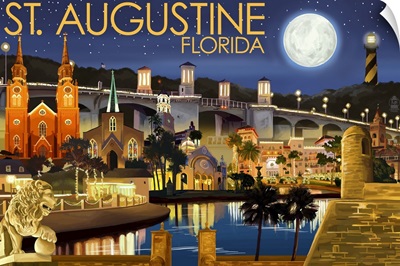St. Augustine, Florida - Night Scene: Retro Travel Poster