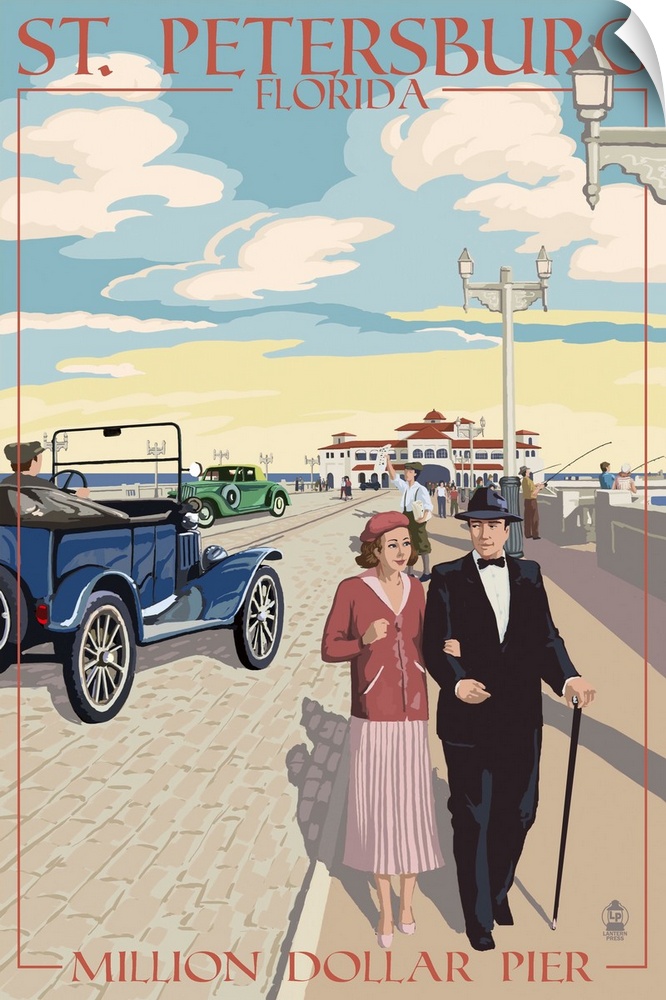 Retro stylized art poster of a classy couple walking along a pier.