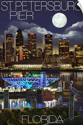 St. Petersburg, Florida - Night Skyline and Pier: Retro Travel Poster