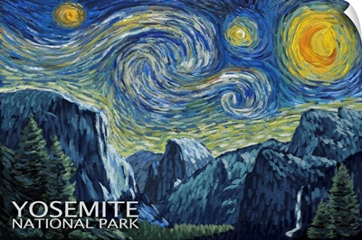 Starry Night Over Yosemite National Park: Retro Travel Poster