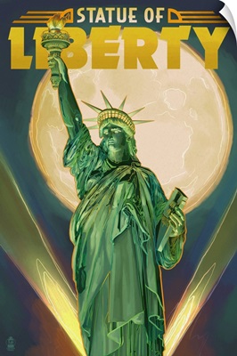 Statue of Liberty and Full Moon - New York City, New York: Retro Travel Poster