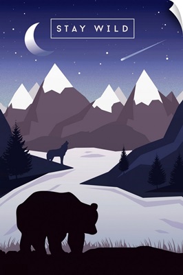 Stay Wild - Bear & Mountain Silhouette - Night Sky -  Purple