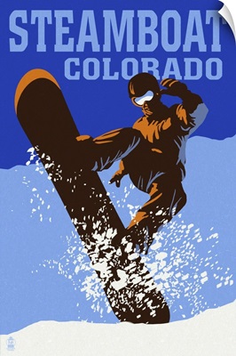 Steamboat, Colorado - Colorblocked Snowboarder: Retro Travel Poster