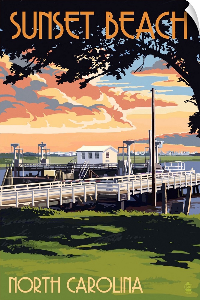 Sunset Beach - Calabash, North Carolina - Swinging Bridge: Retro Travel Poster