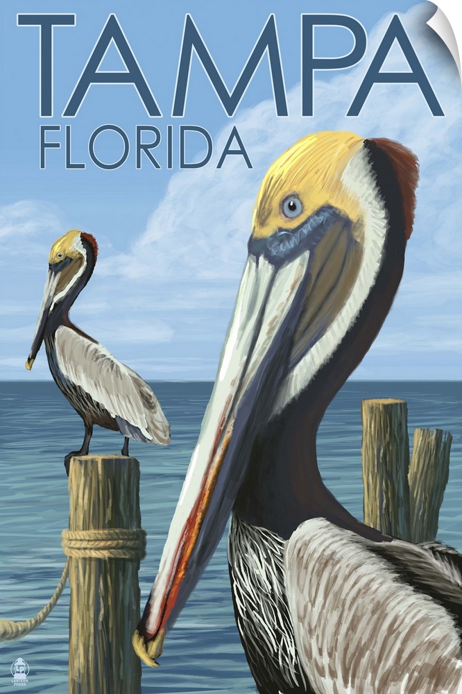 Retro stylized art poster of pelicans perched on wooden posts.