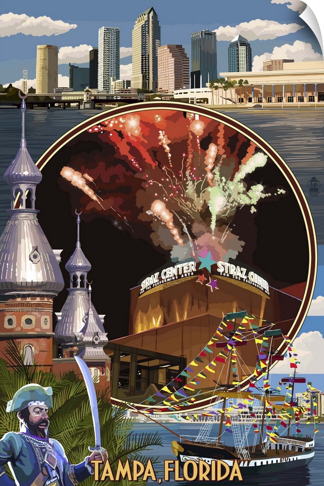 Retro stylized art poster of a montage of scenes from the city of Tampa in Florida.