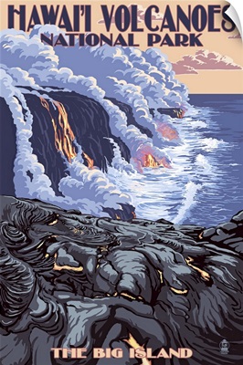 The Big Island, Hawaii - Lava Flow Scene: Retro Travel Poster