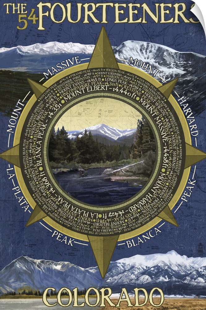 Retro stylized art poster of a compass with a wilderness mountain scene in it.