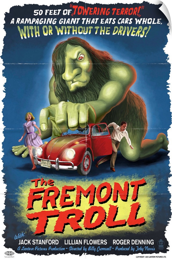 Retro stylized art poster of vintage movie poster of a troll grabbing a car, and its passengers running from it.