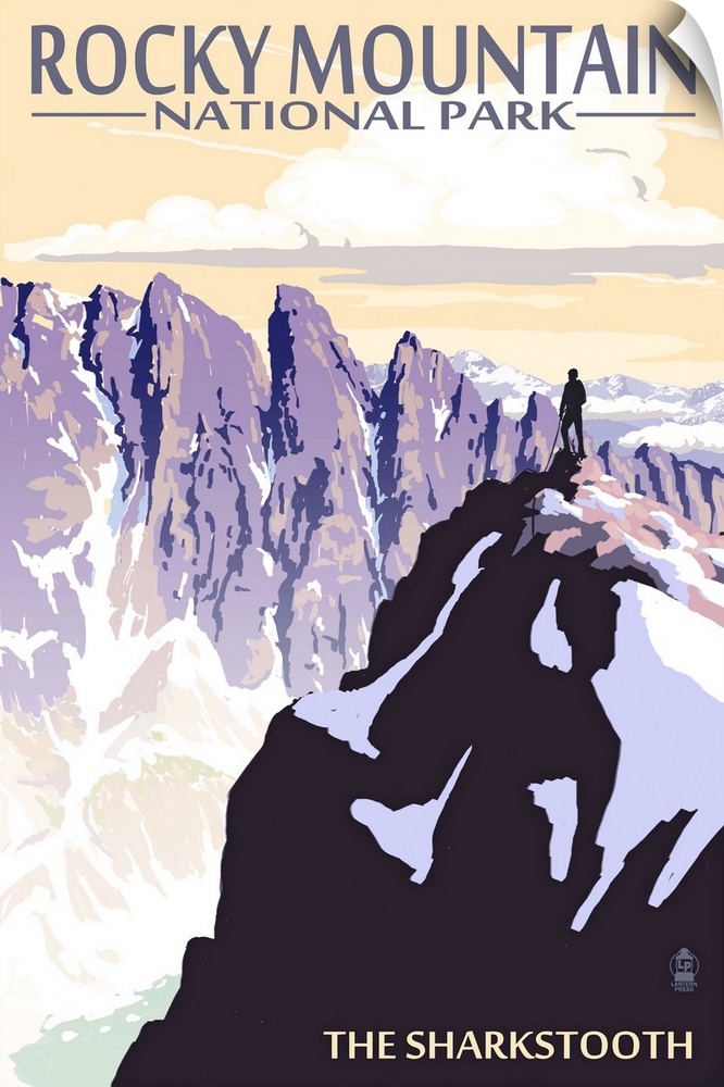 Retro stylized art poster of jagged mountain cliffs in winter.