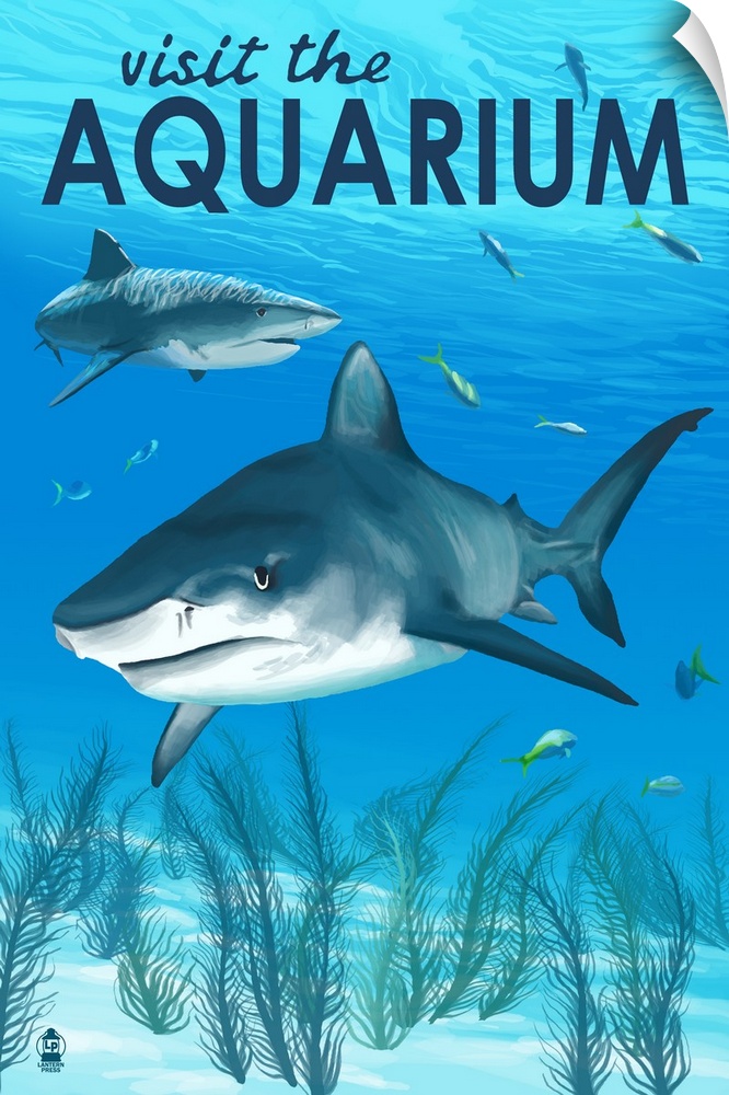 Retro stylized art poster of two sharks swimming in clear blue water.
