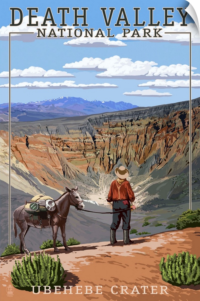 Retro stylized art poster of a man and a donkey overlooking a desert valley.