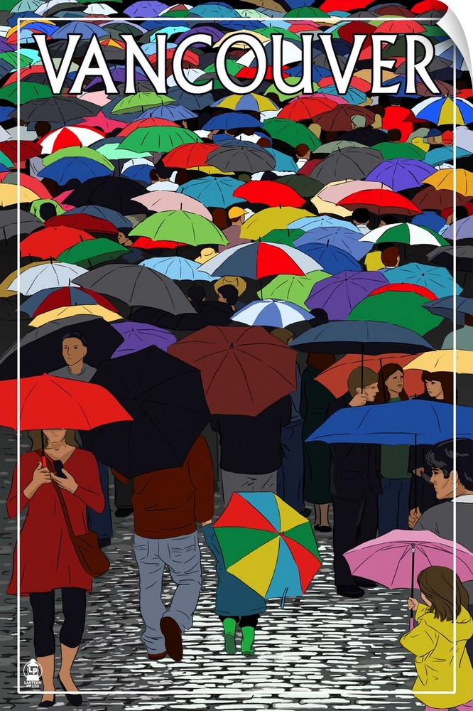 Retro stylized art poster of a large group of different colored umbrellas being held by people.