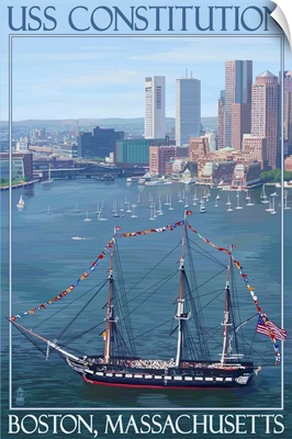 USS Constitution and Boston Skyline: Retro Travel Poster