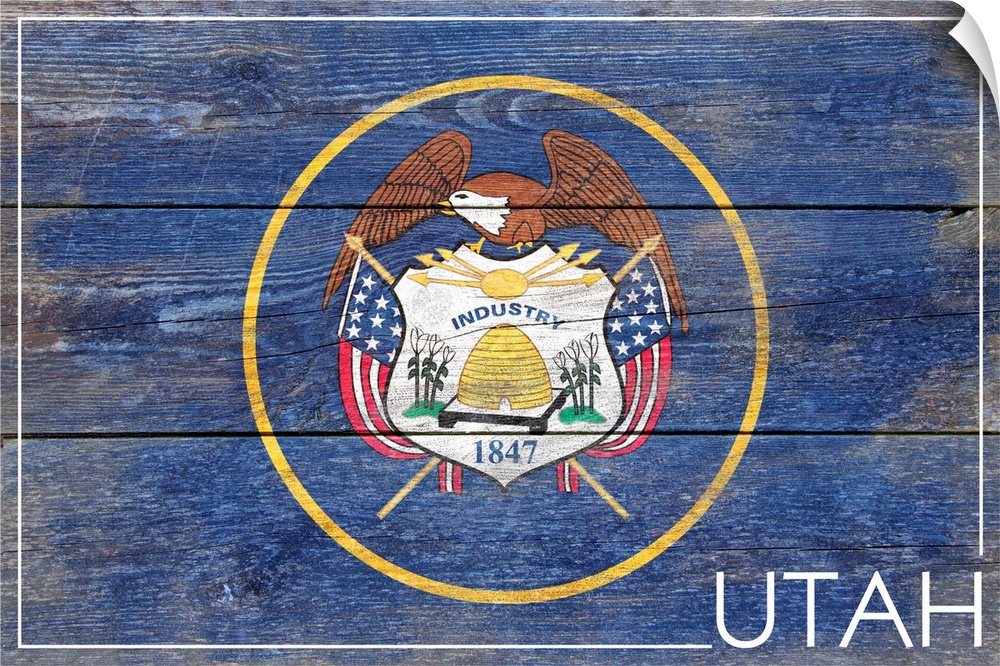 The flag of Utah with a weathered wooden board effect.