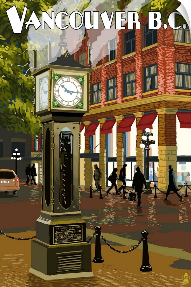 Retro stylized art poster of a steam clock with a town scene in the background.