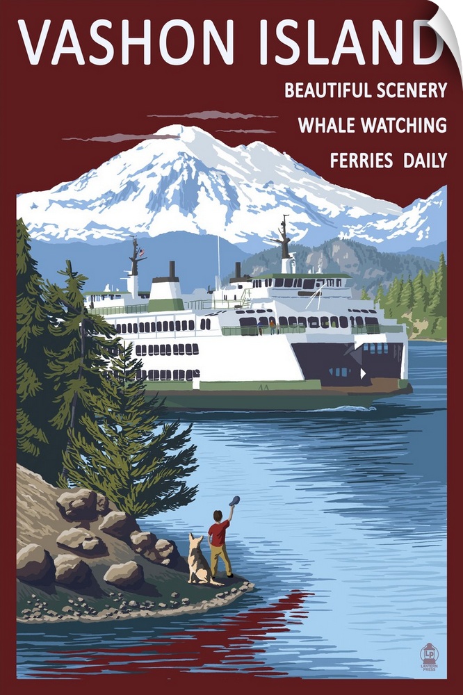 Vashon Island, Washington - Ferry Scene: Retro Travel Poster