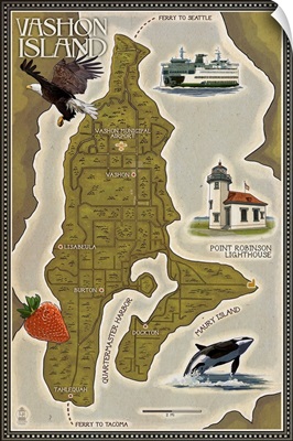 Vashon Island, Washington - Map: Retro Travel Poster