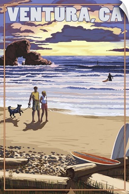 Ventura, California - Surfing Beach Scene: Retro Travel Poster