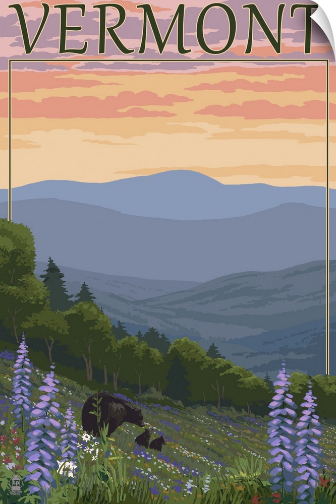 Vermont - Spring Flowers and Bear Family: Retro Travel Poster