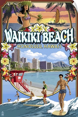 Waikiki Beach, Oahu, Hawaii - Scenes: Retro Travel Poster
