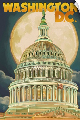 Washington, DC - Capitol Building and Moon: Retro Travel Poster