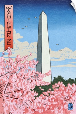 Washington, DC - Washington Monument - Cherry Blossoms (#2) - Woodblock